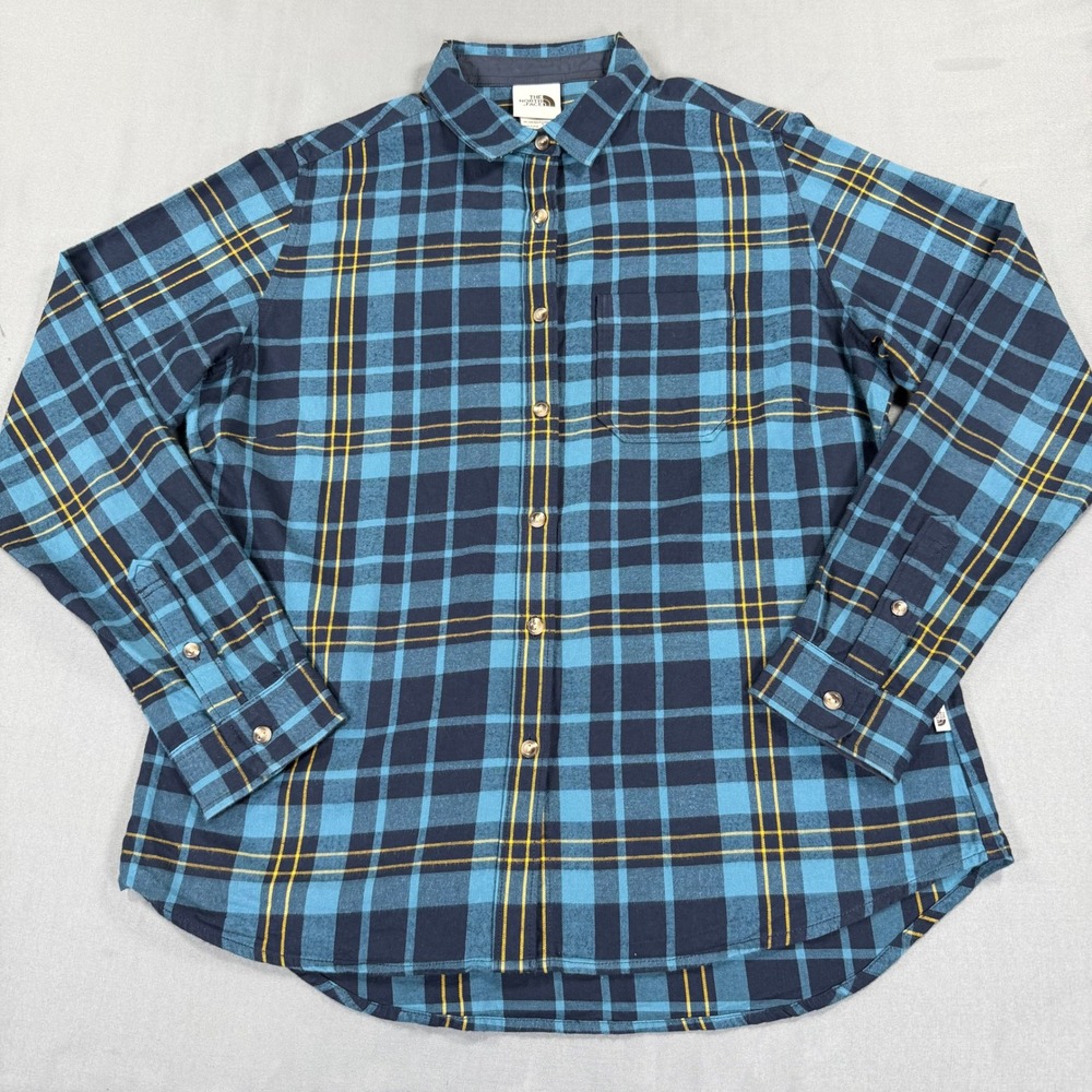 The North Face Womens L Blue Plaid Flannel Shirt Cotton Lined Button Up Hiking